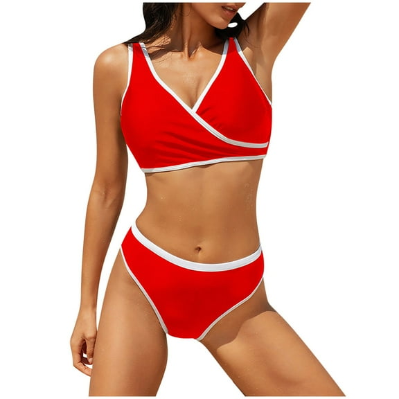 UTSJKR Women's Two Pieces Split Swimwear Strapped Colorblock Bikinis Two Pieces Summer Comfy Swimsuit Quick Drying Bikini Red S