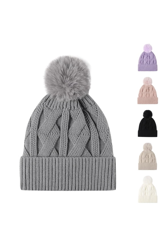 Women's Warm Soft Hat Outdoor Fleece Lined Thicken Twists Knitted Hat Big Fur Ball Beanie Hat Solid Jacquard Twists Beanie Beige