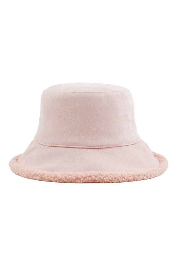 Women's Winter Faux Fur Shearling Bucket Hat Plush Classic Fluffy Warm Fisherman Hats for Men Adult Pink