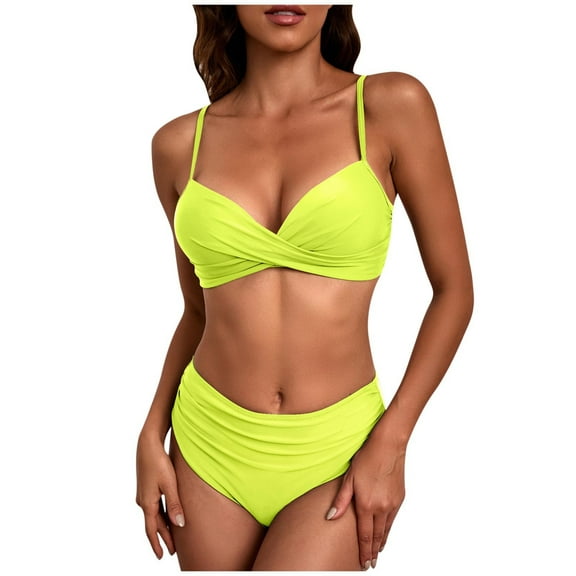 UTSJKR Womens High Waisted Bikini Sets Swimsuit Push Up Twist Front Swim Tops Ruched Bottom Beach Two Piece Bathing Suits Yellow XL