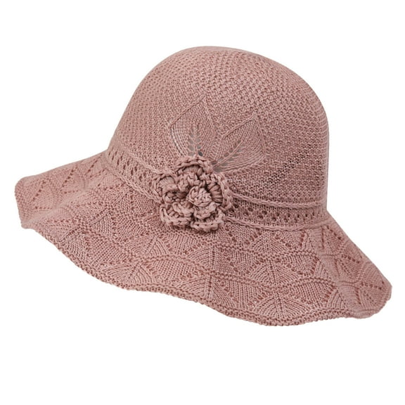 UTSJKR Womens Knit Wide Brim Sun Hat Flower Detail Summer Outdoor UPF 50  UV Protection Lightweight Foldable Beach Vacation Hat Watermelon Red