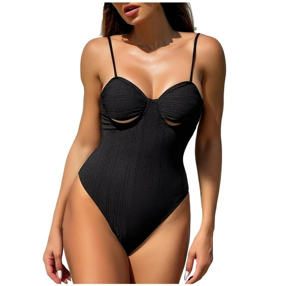 UTSJKR Womens One Piece Swimsuits Tummy Control Bathing Suit Ruched Solid Hollowed High Cut Bathing Suit Monokini Black S