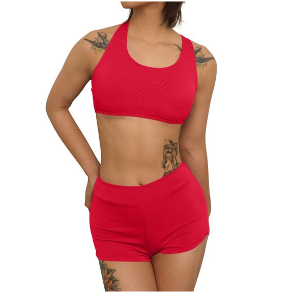 UTSJKR Womens Ribbed Swimsuits Two Piece Sport Bathing Suit Side Tie Boyshorts Sets Beach Holiday Swimsuit Casual Summer Swimwear Red S