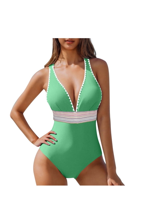SavingsOne Piece Swimsuit Women Tummy Control Bathing Suits Slimming Modest Color Block Swim Suits 2025 V Neck Swimwear Green XXL