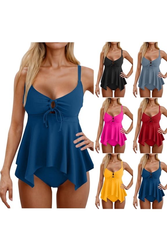 SavingsTankini Swimsuit for Women Tummy Control Two Piece Bathing Suit V Neck Flowy Swimwear Top with Bottom Black S