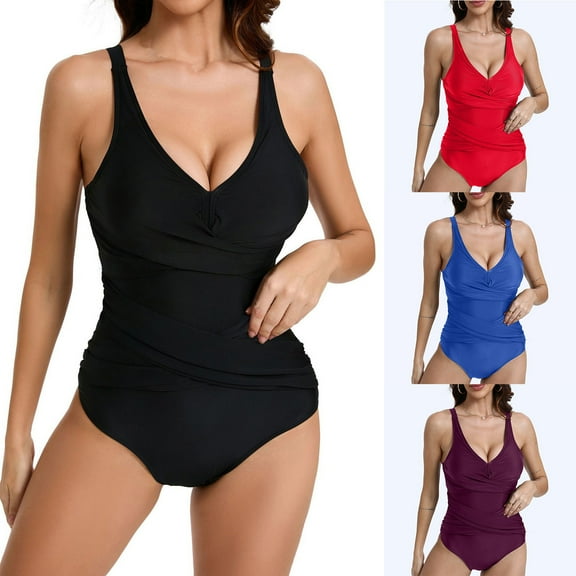 UTSJKR SavingsWomen One Piece Swimsuit Tummy Control Ruched Bathing Suit limming Criss Cross Push Up V Neck Swimwear Black XXL