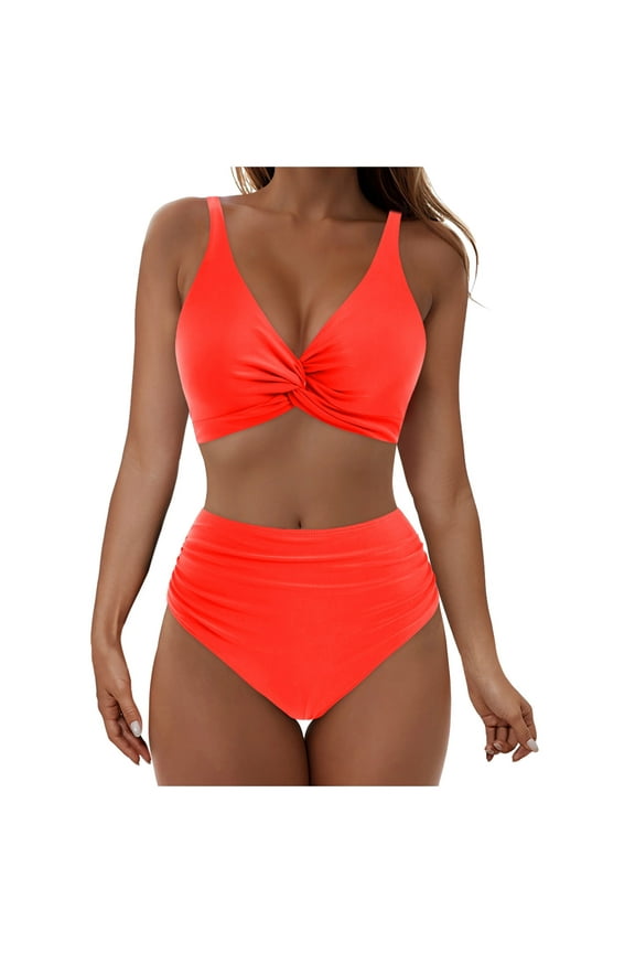SavingsWomen's Bikini Swimsuits Two Piece Tummy Control Bathing Suit V Neck Twist Front Swim Suits Full Coverage Swim Bottoms Gold M