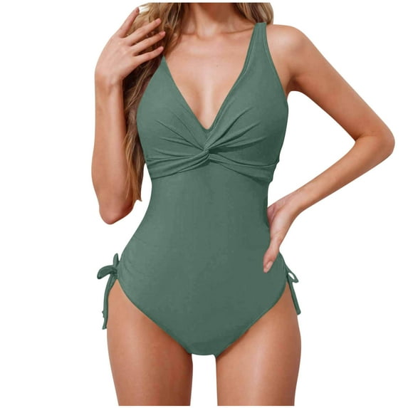 UTSJKR SavingsWomen's One Piece Swimsuits 2025 Tummy Control Bathing Suits Push Up V Neck Swimwear with Twist Tummy Control Ruched Bikini with Side Ties Mint Green L