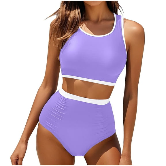 UTSJKR SavingsWomens High Waisted Bikini Set Two Piece Swimsuit High Neck Tops Bathing Suit Full Coverage Tummy Control Tankini Purple S
