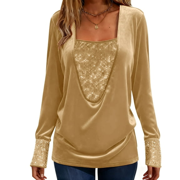UTSJKR Sequin Tops for Women Long Sleeve Square Neck Sparkly Blouse Loose Glitter Cocktail Party Night Top Gold L