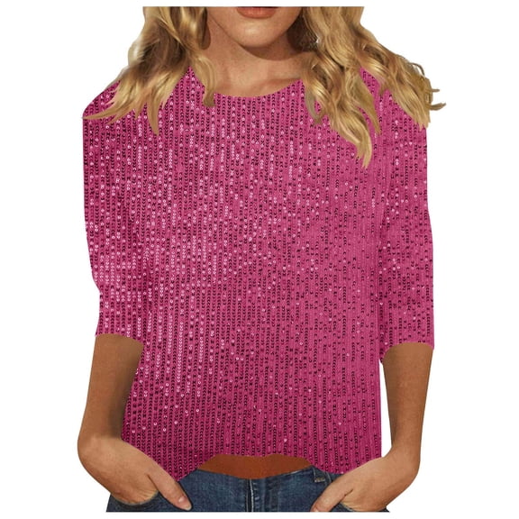 UTSJKR Sequin Tops for Women Sparkly 3/4 Sleeve Crewneck Shiny Shirts Lightweight Glitter Tunic Party Night Going Out Tops Hot Pink XL