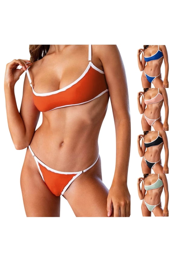 Sexy Contrast Binding Color Block Bandeau Thong Bikini Tube Cheekly Brazilian Swimsuit Set High Cut Two Piece Bathing Suits Gray L