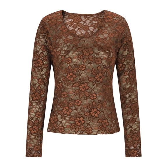 UTSJKR Sexy Lace Blouse for Women with Nude Liner, Dressy Slim Fitted Long Sleeve Business Casual Tops Layer Tee Shirts Coffee XXL