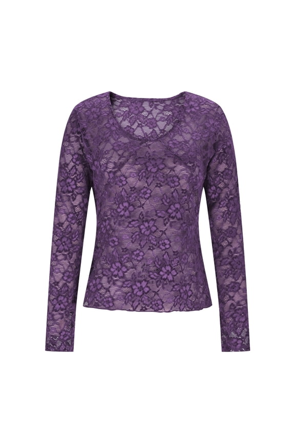 Sexy Lace Blouse for Women with Nude Liner, Dressy Slim Fitted Long Sleeve Business Casual Tops Layer Tee Shirts Purple L