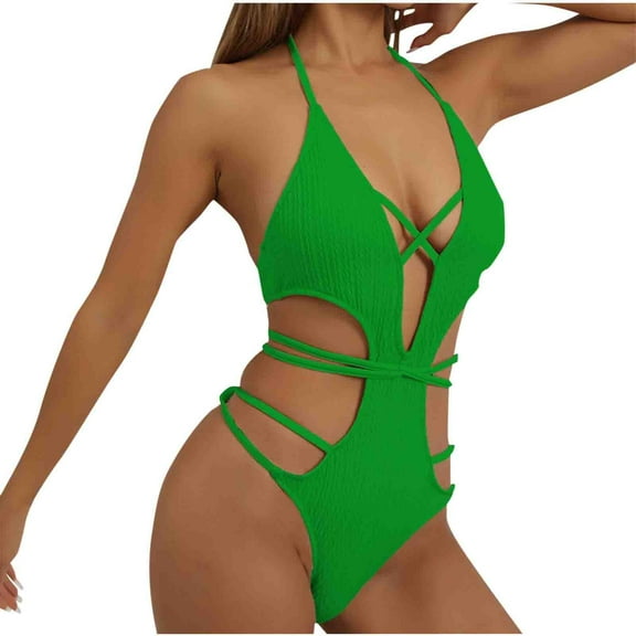 UTSJKR Sexy Swimsuit Women's Lace up Hollowed Out One Piece Swimwear Deep V Neck Halter One-piece Swimsuit Green 12-14