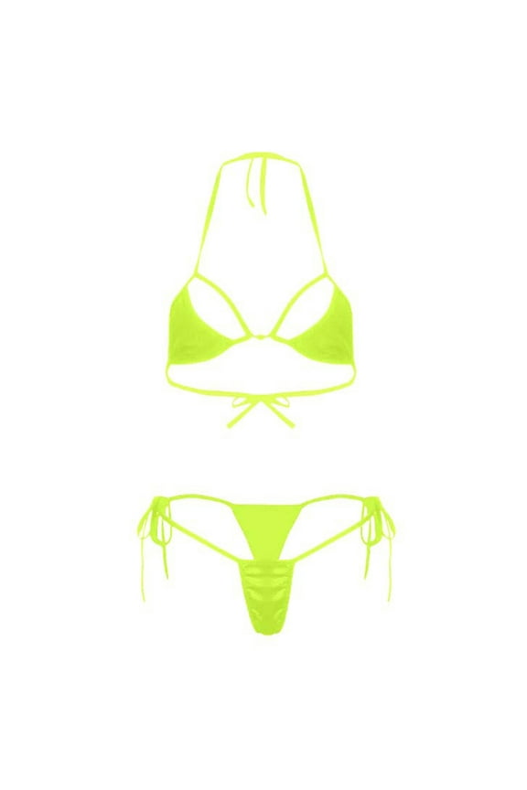 Sheer Mesh Halter Bikini Sets for Women Sexy Triangle String Tie Side Swimsuits 2 Piece Bathing Suit Green Free Size