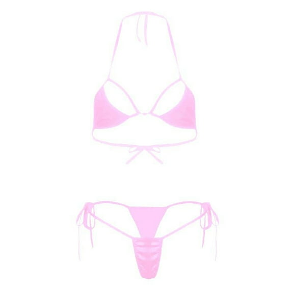 UTSJKR Sheer Mesh Halter Bikini Sets for Women Sexy Triangle String Tie Side Swimsuits 2 Piece Bathing Suit Pink Free Size