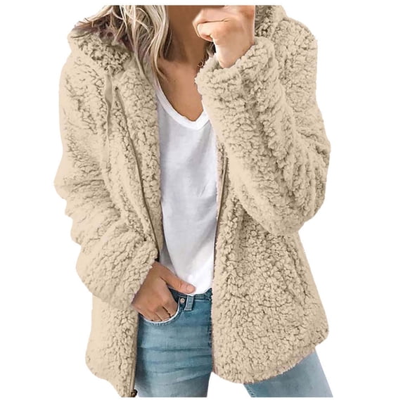 UTSJKR Sherpa Fleece Jackets for Women Casual Solid Long Sleeve Zipper Hooded Plush Coat Winter Warm Sweater Tops Khaki XXL