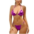 thumbnail image 1 of UTSJKR Shiny Sexy Halter Lace-up Thong Triangle Bikini Set Women Glitter Pearl Bikini Swimsuit Bling Two Piece Bathing Suit Purple L, 1 of 1