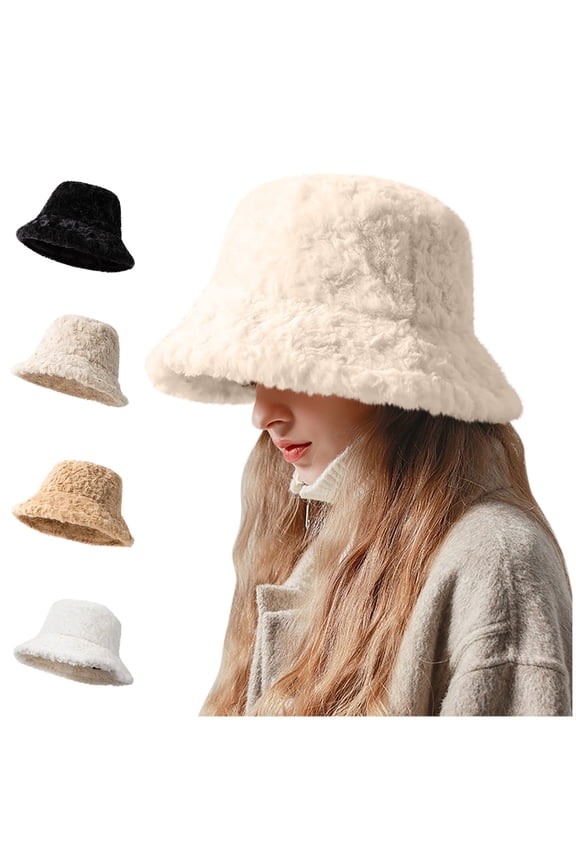 Slouchy Beanie Hat Faux Fur Bucket Hat Fleece Fuzzy Fluffy Warm Skull Cap Oversized Thick Winter Hat for Cold Weather Khaki