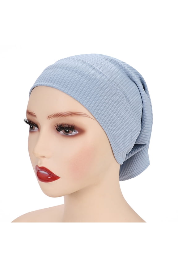 Solid Women Chemo Hat Stretchy Turban Beanie,Pre Tied Chemo Head Scarf Beanie Skull Cover Cap for Women Hair Loss Light Blue