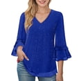 thumbnail image 1 of UTSJKR Sparkly Peplum Tops for Women V Neck 3/4 Ruffle Bell Sleeve Tiered Hem Tunic Tops Wedding Guest Outfits for Party Blue XL, 1 of 6