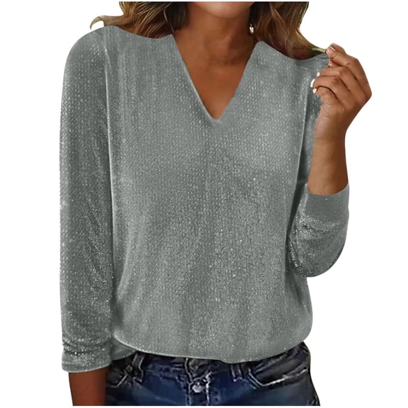 UTSJKR Sparkly Tops for Women V Neck Long Sleeve Glitter Tshirts Casual Shinny Elegant Dressy Cute Blouses for New Years Eve Gray XXL