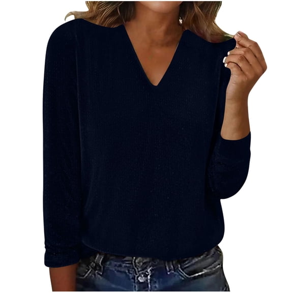 UTSJKR Sparkly Tops for Women V Neck Long Sleeve Glitter Tshirts Casual Shinny Elegant Dressy Cute Blouses for New Years Eve Navy L