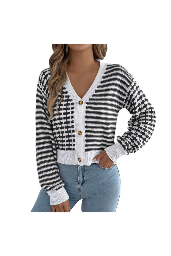 Striped Cropped Cardigan for Women Fall Winter Knit Crop Sweater Jacket Button Down Casual Cute Cardigans Tops Black L
