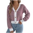 thumbnail image 1 of UTSJKR Striped Cropped Cardigan for Women Fall Winter Knit Crop Sweater Jacket Button Down Casual Cute Cardigans Tops Wine L, 1 of 8