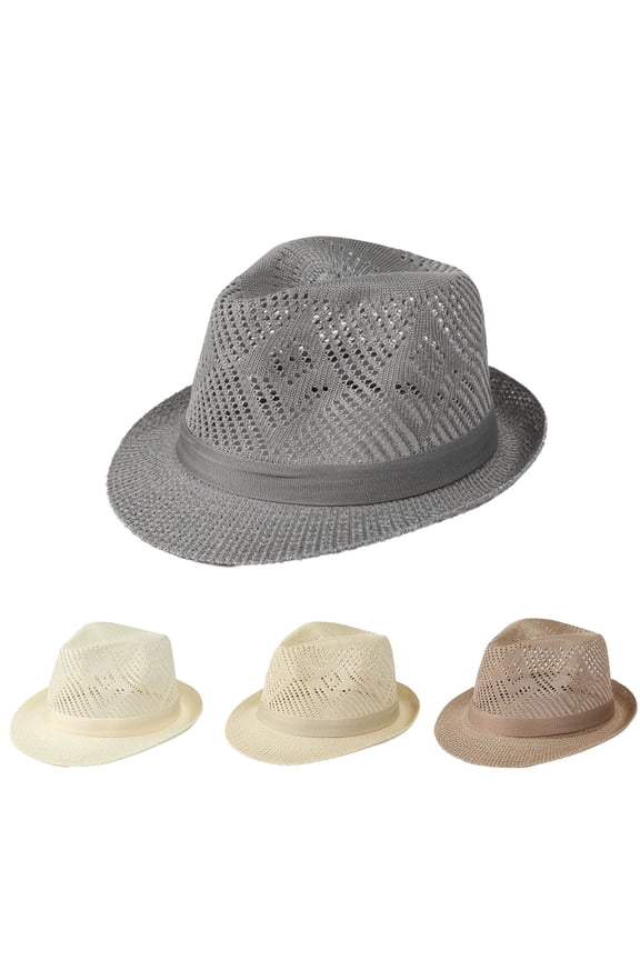 Summer Mesh Fedora Panama Straw Hats for Men Women Short Brim Trilby Hat Adjustable Sun Hat Gray