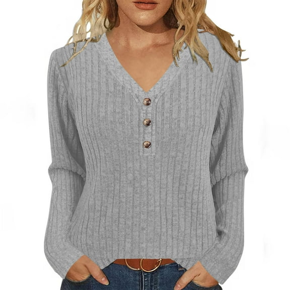 UTSJKR Sweaters for Women Spring Fashion Long Sleeve Tops Pullover Buttons V Neck Casual Loose Sweatshirt Gray S