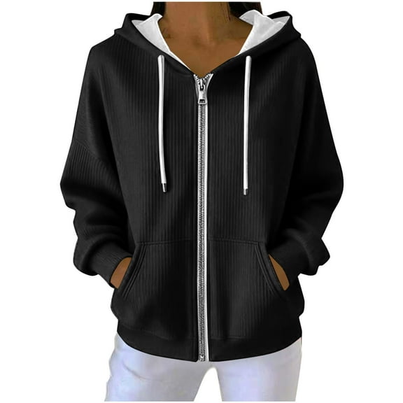 UTSJKR Sweatshirt for Women Long Sleeve Sweatshirt Fashion Hoodies Zip Up Loose Casual Spring Tops Knit Solid Color Jacket Black M