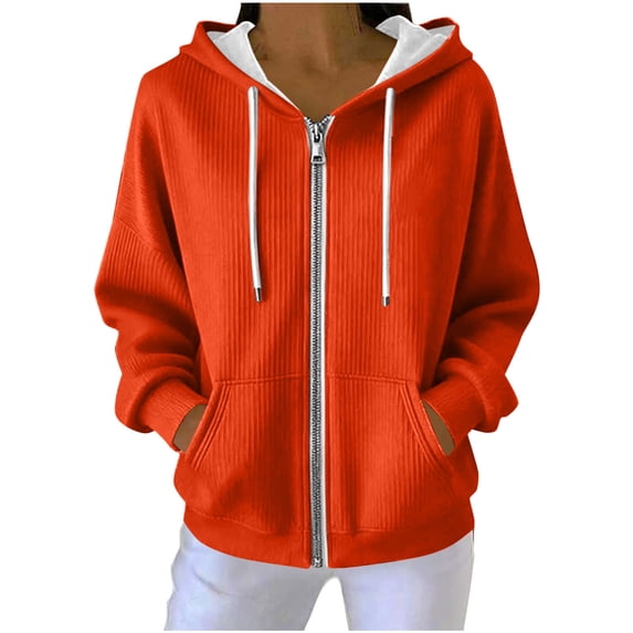 UTSJKR Sweatshirt for Women Long Sleeve Sweatshirt Fashion Hoodies Zip Up Loose Casual Spring Tops Knit Solid Color Jacket Orange S