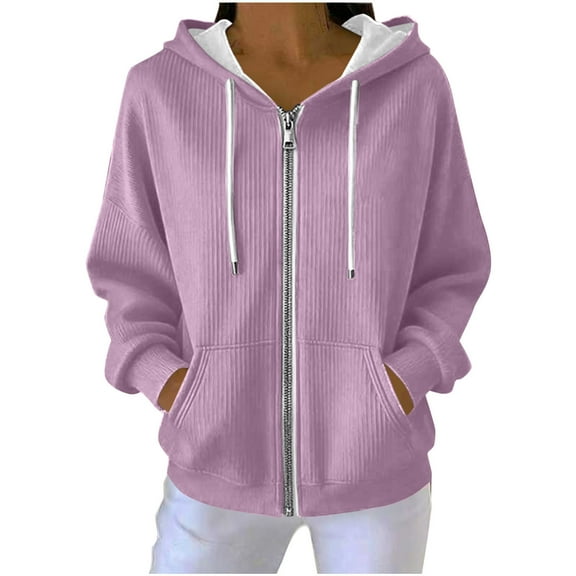UTSJKR Sweatshirt for Women Long Sleeve Sweatshirt Fashion Hoodies Zip Up Loose Casual Spring Tops Knit Solid Color Jacket Purple S
