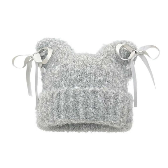 UTSJKR Sweet Handmade Bow Ribbon Plush Cat Ear Yarn Hat for Women Warm and Versatile Knitted Beanie for Fall Winter Gray M