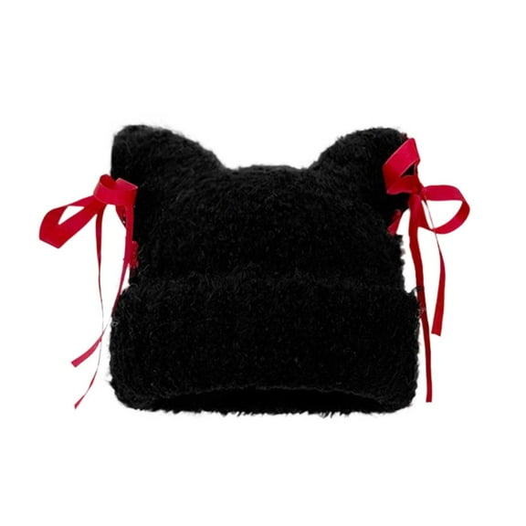 UTSJKR Sweet Handmade Bow Ribbon Plush Cat Ear Yarn Hat for Women Warm and Versatile Knitted Beanie for Fall Winter Red M