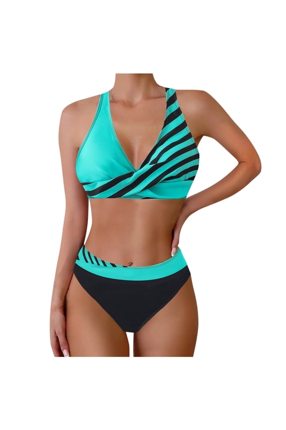 Swim Suits for Women 2025 Cheeky String Bikini Set Sexy Tie Side Mid Waist Bathing Suit V-Neck Striped Swimsuit Mint Green S
