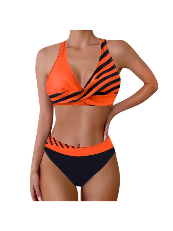 Swim Suits for Women 2025 Cheeky String Bikini Set Sexy Tie Side Mid Waist Bathing Suit V-Neck Striped Swimsuit Red S