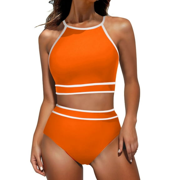 UTSJKR Swim Suits for Women 2025 High Cut Color Block High Waisted Bikini Sets 2 Piece Sporty Bathing Suit for Women Tummy Control Orange L