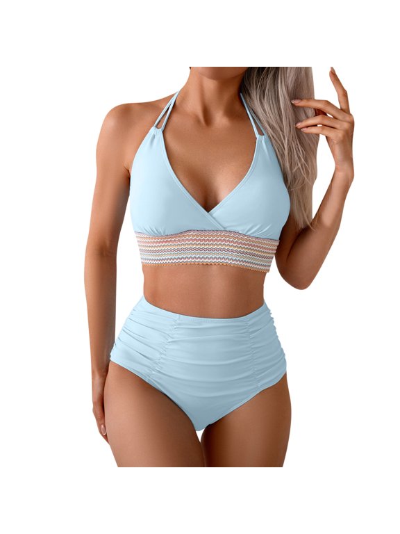 Swim Suits for Women 2025 Sexy Push up Ribbed Triangle Top Bathing Suits Enthic Embroidered Lace Trim Bikini Sets Light Blue L