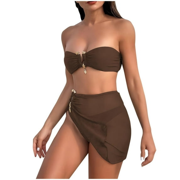 UTSJKR Swimsuit - Women's 3 Piece Bathing Suits Strapless Bikini Set with Cover Up Skirt - hot Sexy Beach Trendy Swimsuits Coffee XL