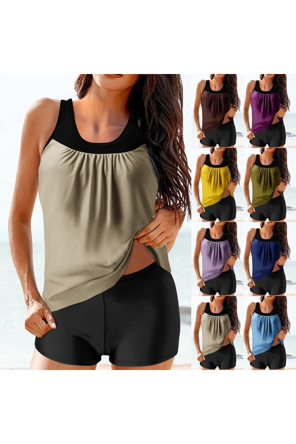 Swimsuit for Women Colorblock Pleated Tankini Top with Boy Shorts Athletic Two Piece Bathing Beach Swimwear Army Green L
