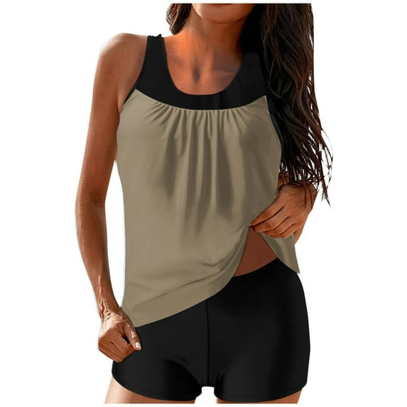 UTSJKR Swimsuit for Women Loose Pleated Tankini Top with Boy Shorts Athletic Two Piece Bathing Beach Swimwear Khaki XXL
