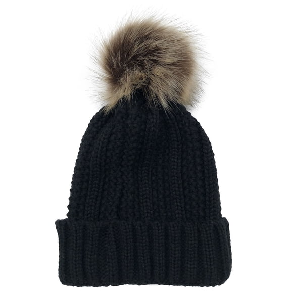 UTSJKR Thick Cable Knit Faux Fuzzy Fur Pom Fleece Lined Skull Cap Cuff Beanie Knitted Loose Sprouts Skulies Black