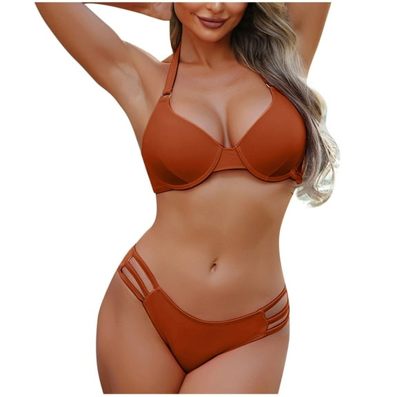 UTSJKR Thong Bikini Sets for Women Sexy 2 Piece Tummy Control Bathing Suits Halter Curvy Cutout String Cheeky Swimsuits Orange XL