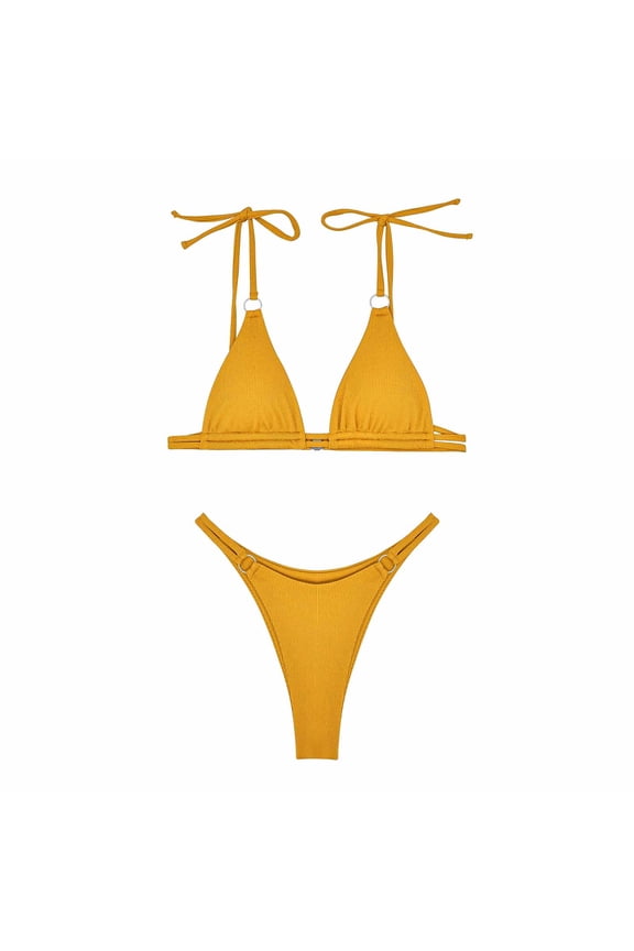 Thong Bikini Sets for Women - String Micro Bikinis Flattering 2 Piece Swimsuit Halter Triangle Brazilian Bathing Suit Yellow M