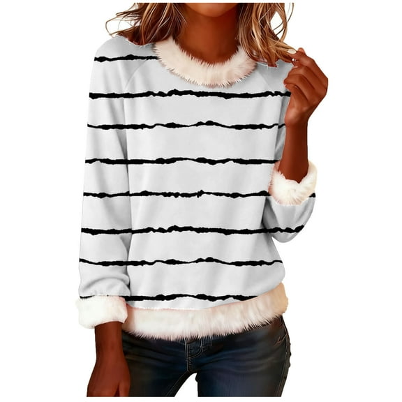 UTSJKR Tops for Women,Womens Casual Fashion Printed Shirts Plush Collar Loose Long Sleeve Crewneck Pullover Tunic Blouse White L