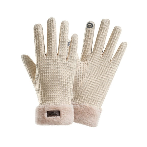 UTSJKR Touchscreen Gloves Women's Fall and Winter Velvet Warm Waffle Touch Screen Full-Finger Gloves with Thick Velvet Beige