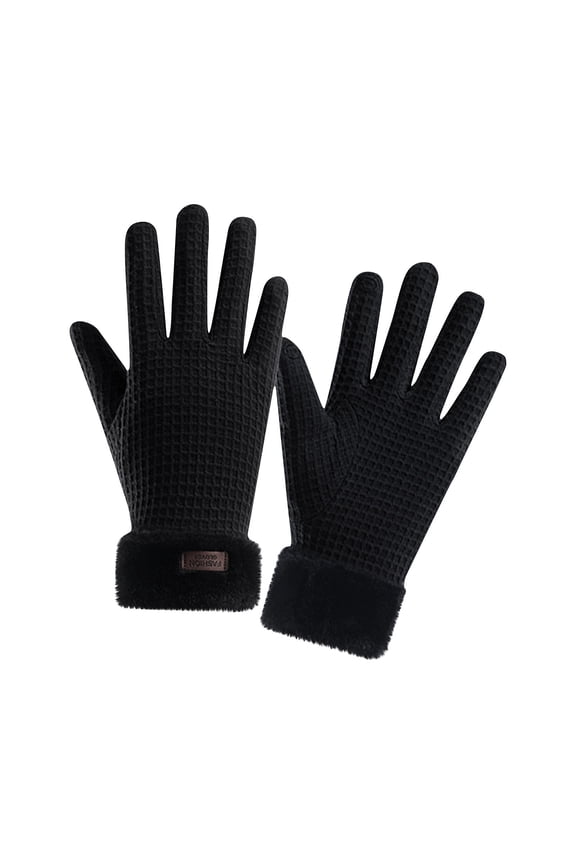 Touchscreen Gloves Women's Fall and Winter Velvet Warm Waffle Touch Screen Full-Finger Gloves with Thick Velvet Black